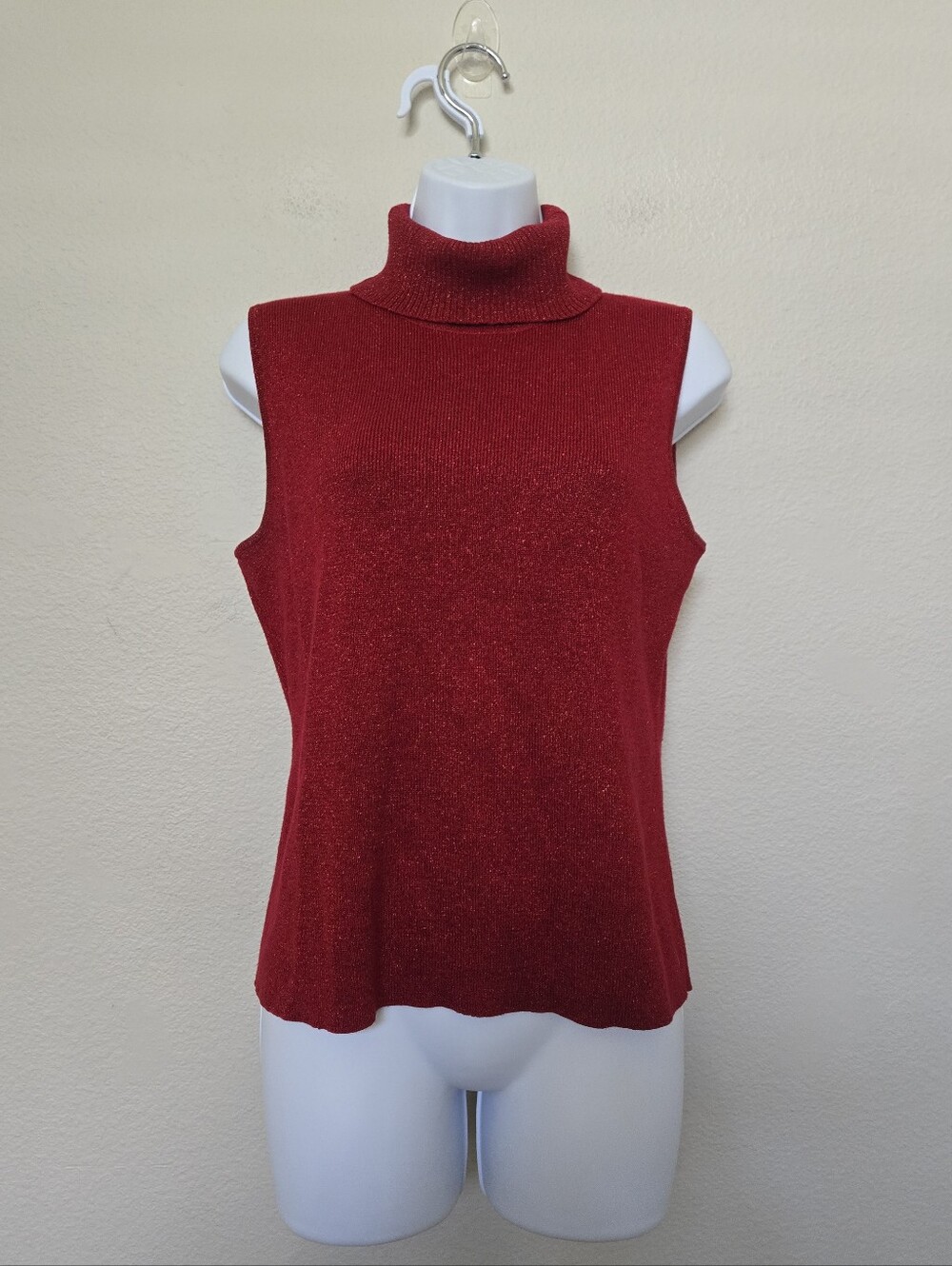 Vintage 90s Ruby Red Turtleneck Knit Sleveeless Shimmer Top Blouse Small Holiday